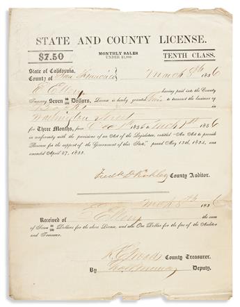 (CALIFORNIA.) Business license and billhead for San Franciscos first antiquarian bookseller, Epes Ellery.